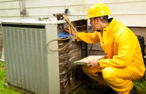 a man in yellow jumpsuit and hard hat working on on an ac unit