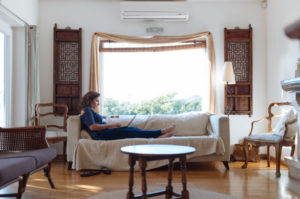 A woman working on a laptop while comfortably lounging on a sofa in a sunlit living room.